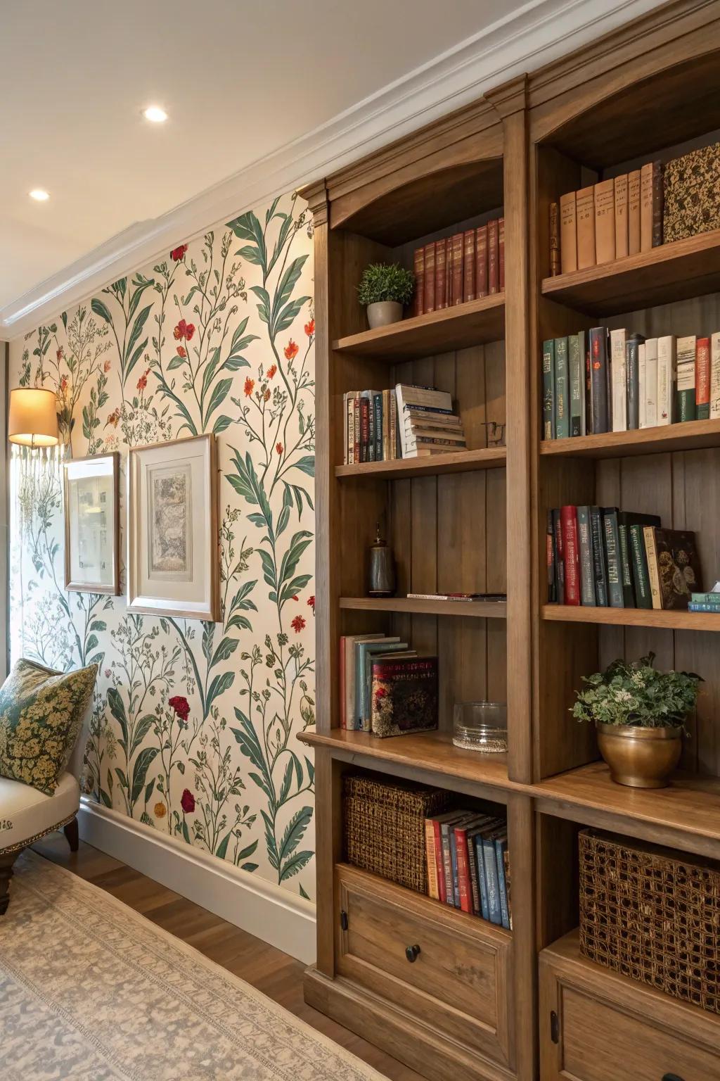 Highlight your shelves with stylish wallpaper backdrops.
