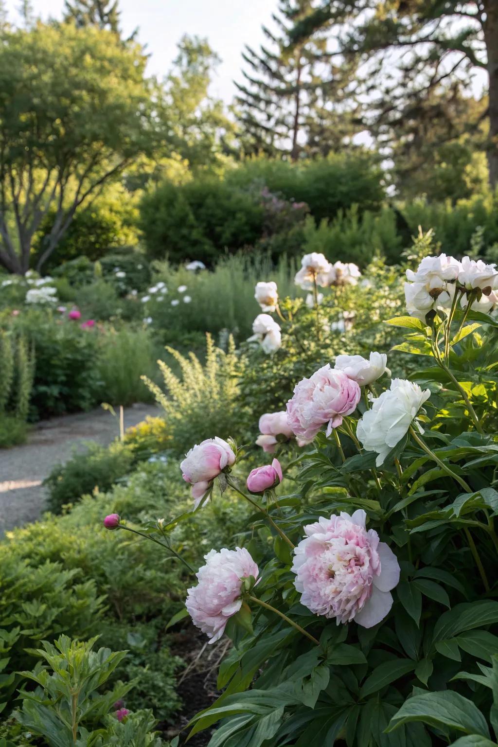 Lush greenery enhancing the vibrant colors of peonies.