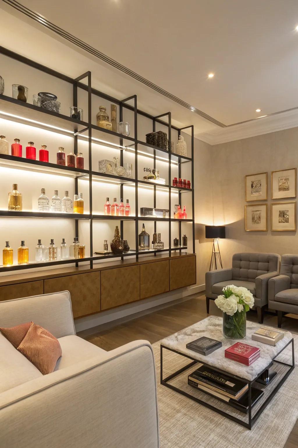 Vertical wall-mounted shelves showcasing perfumes, perfect for saving space and adding style.