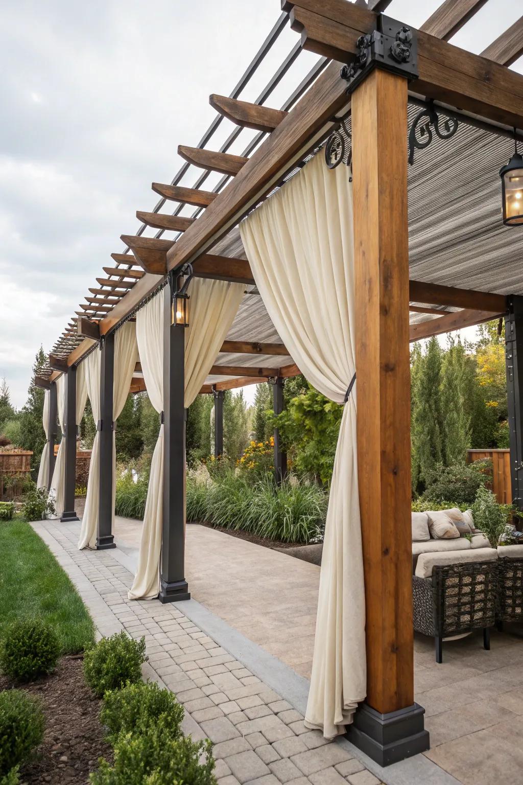 Layered textures enrich depth and character within a pergola.