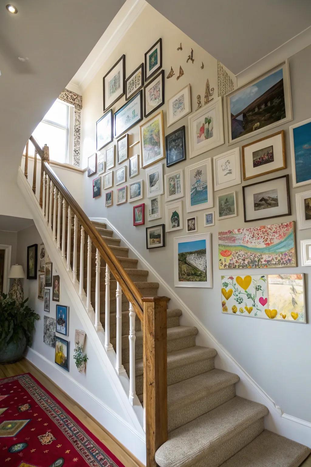 A dynamic gallery display ascends the staircase.