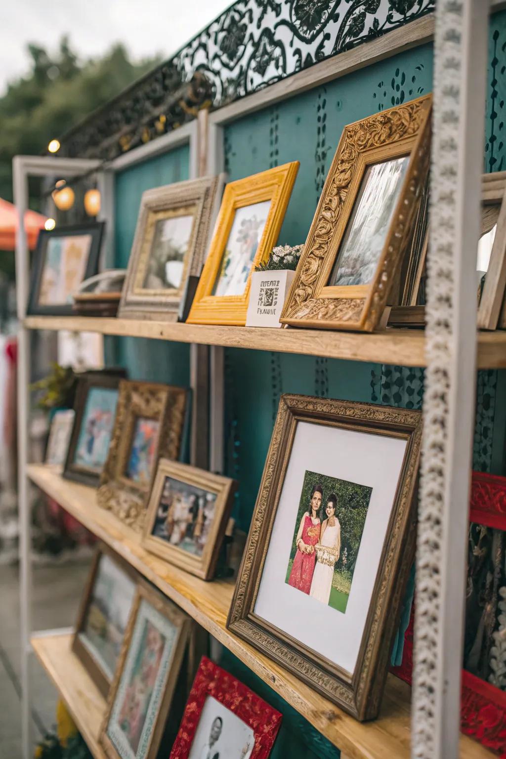 Eclectic picture shelf with mixed frame styles.