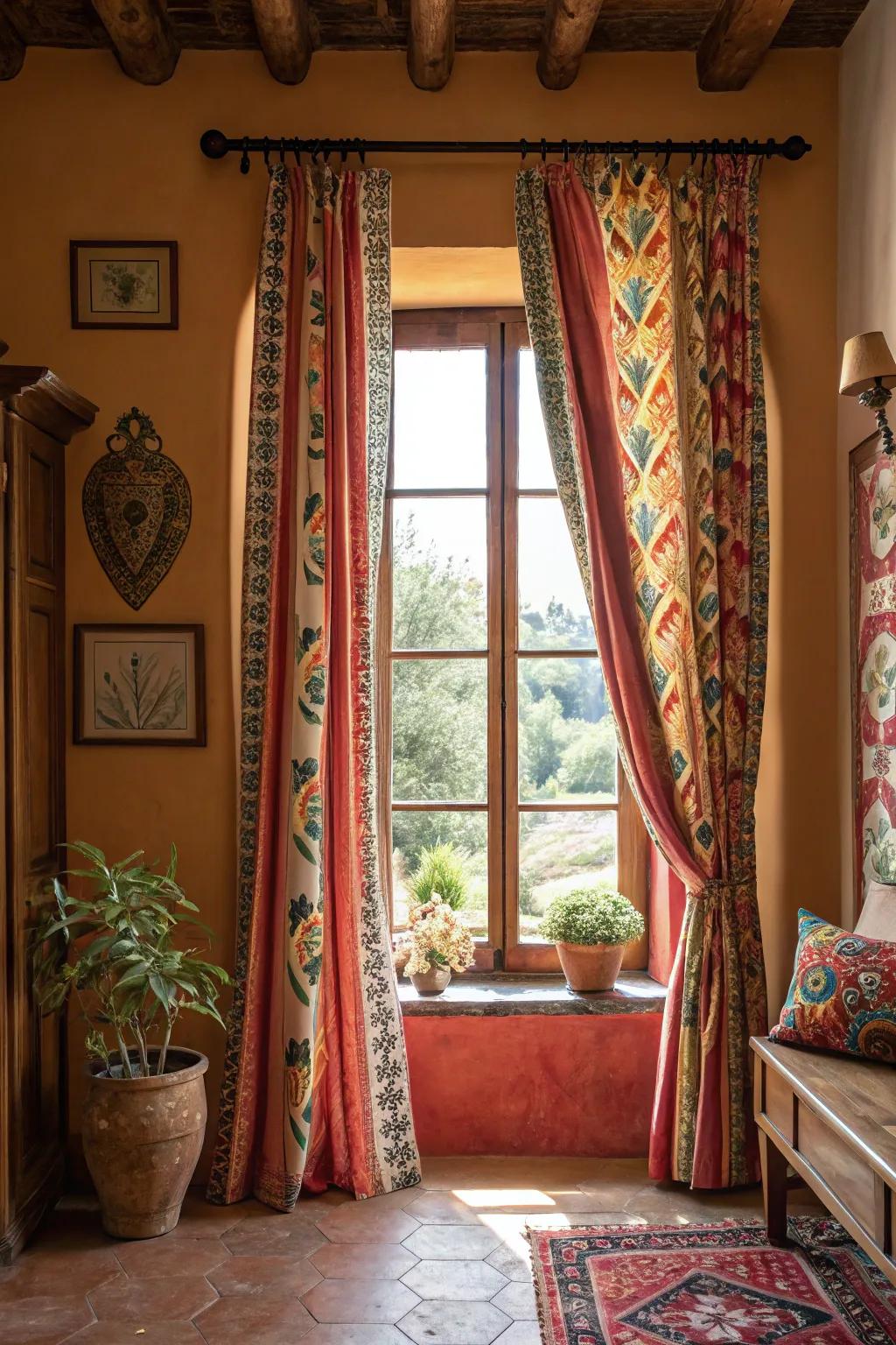 Bold patterned curtains creating a striking statement on a picture window in a vibrant setting.