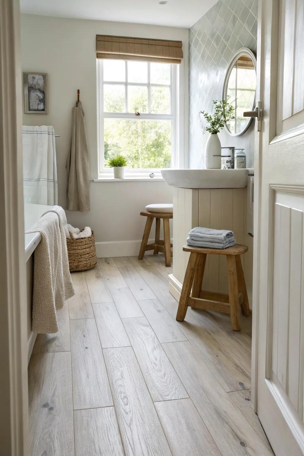 Make your small restroom feel large with light tones and natural light. 🌞 #InteriorInspo #BathroomGoals