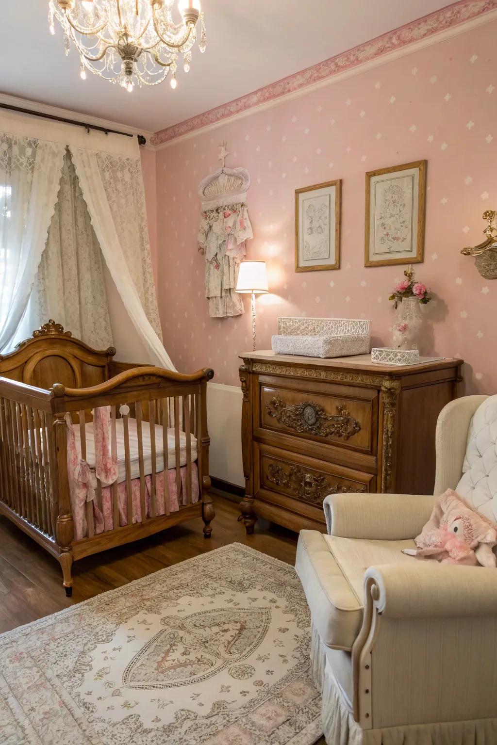 A nursery design that harmoniously blends vintage charm with a pink focus wall.