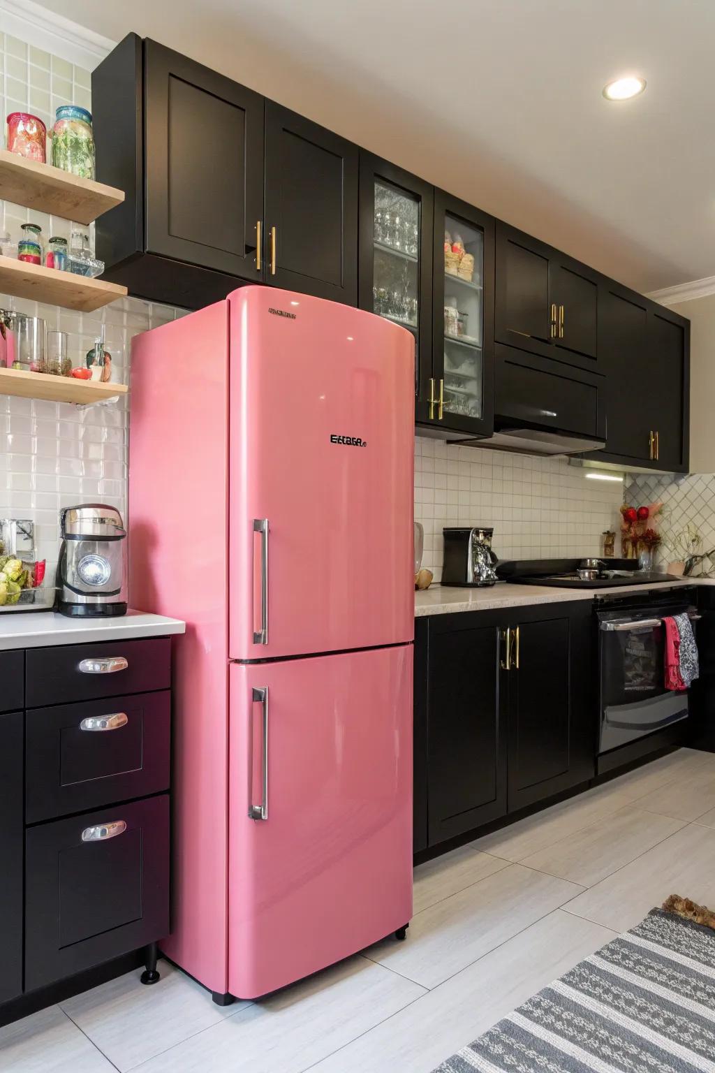 Rose appliances give a kitchen dominated by charcoal personality and warmth.