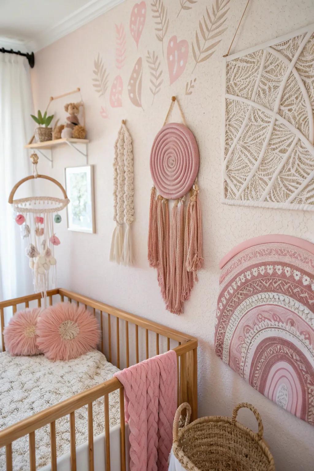 Boho wall decor adds texture and warmth to the nursery.