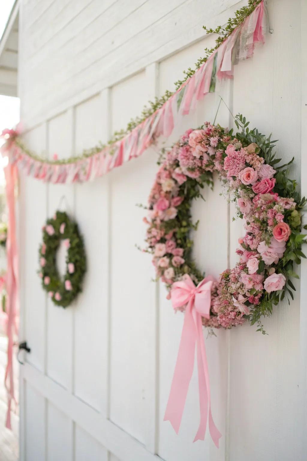 Rose wreaths and garlands add festive flair.
