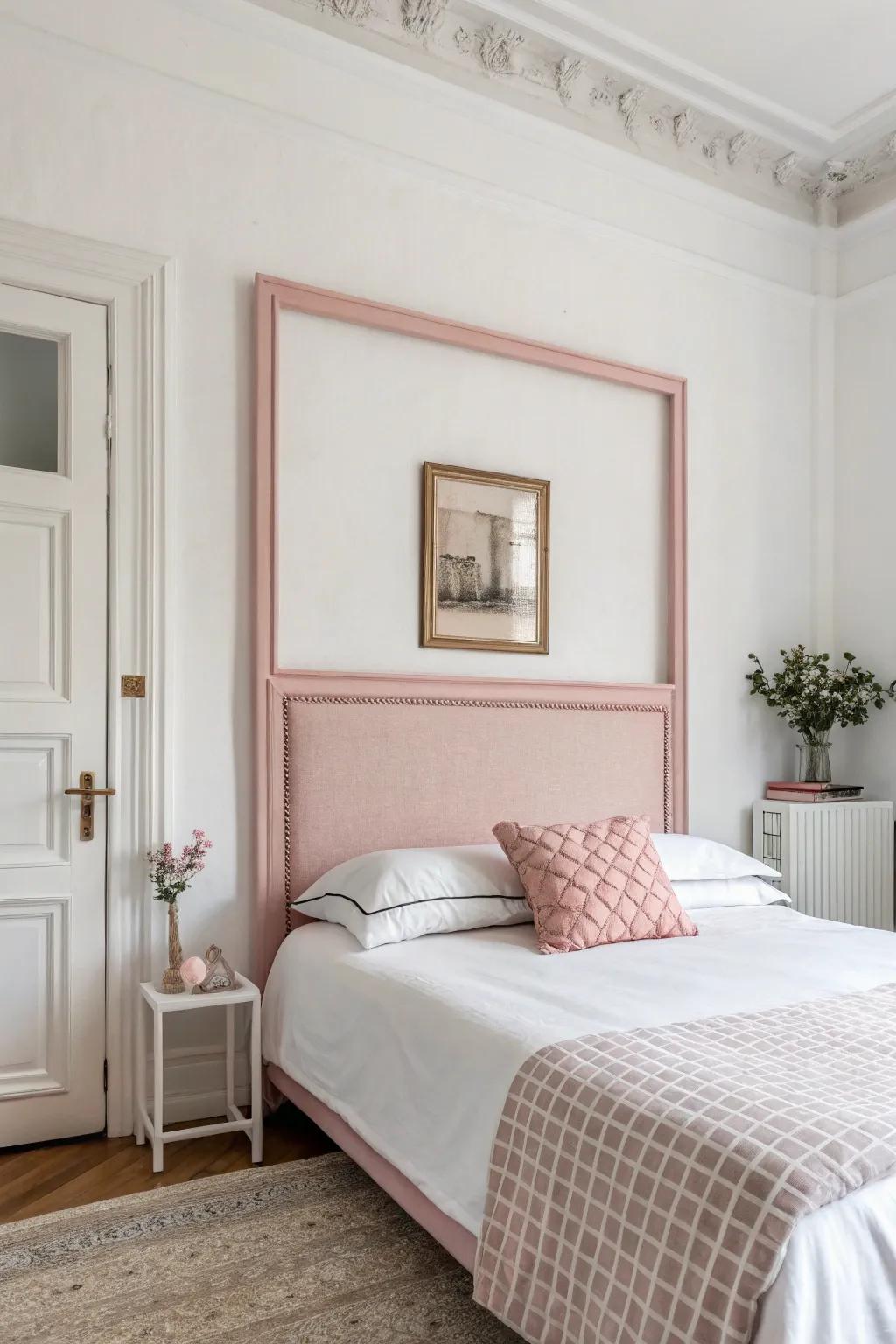 A minimalist bedroom with a simple pink frame headboard.