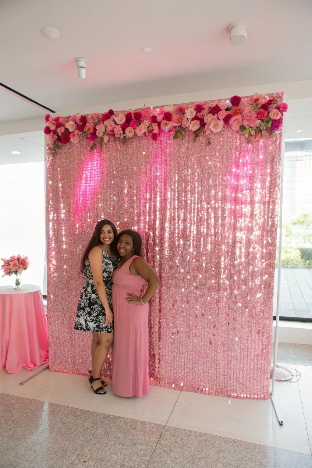 A pink-themed photo backdrop guarantees picture-perfect moments.