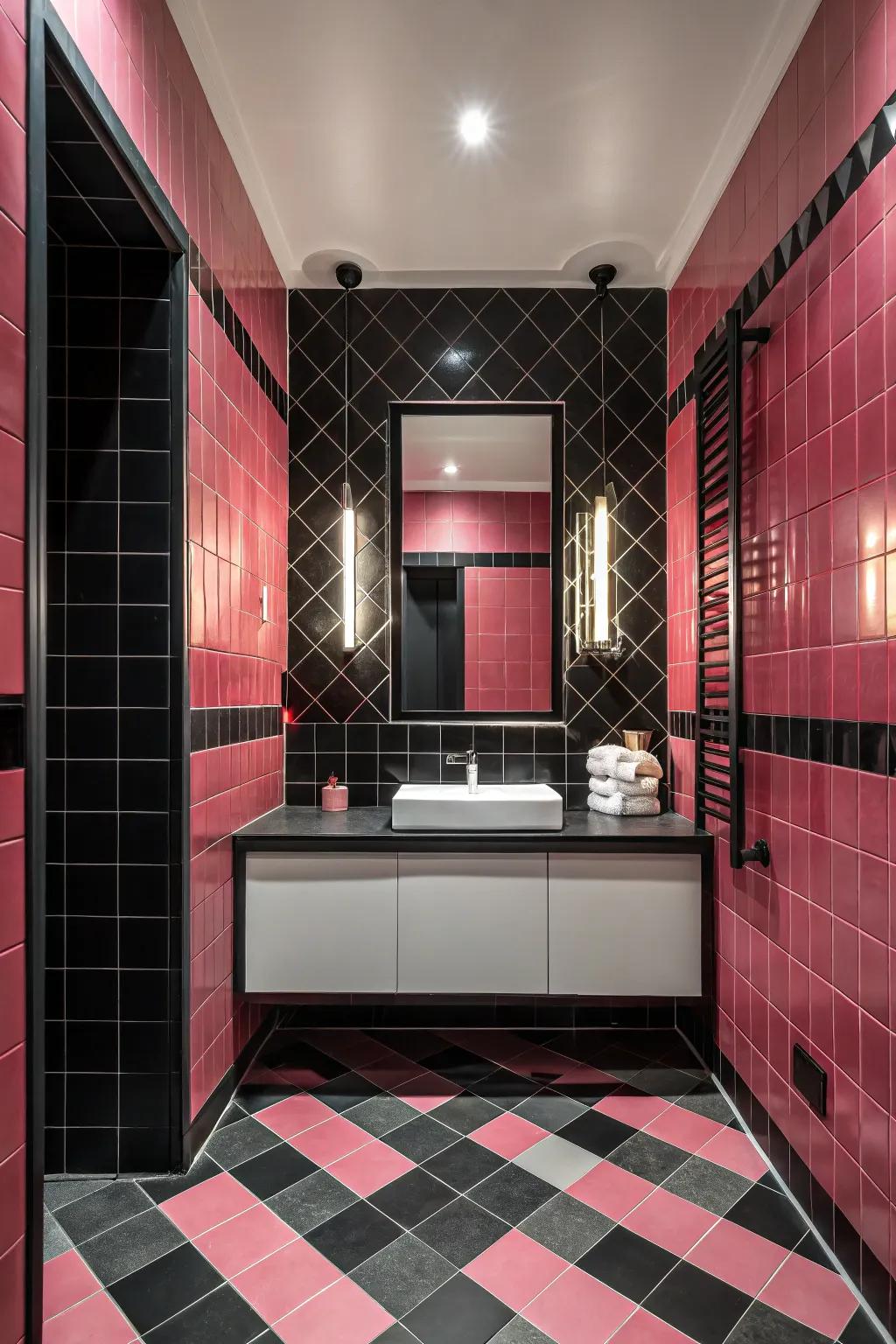 A striking contrast between rose and dark tiles in a bathroom design.