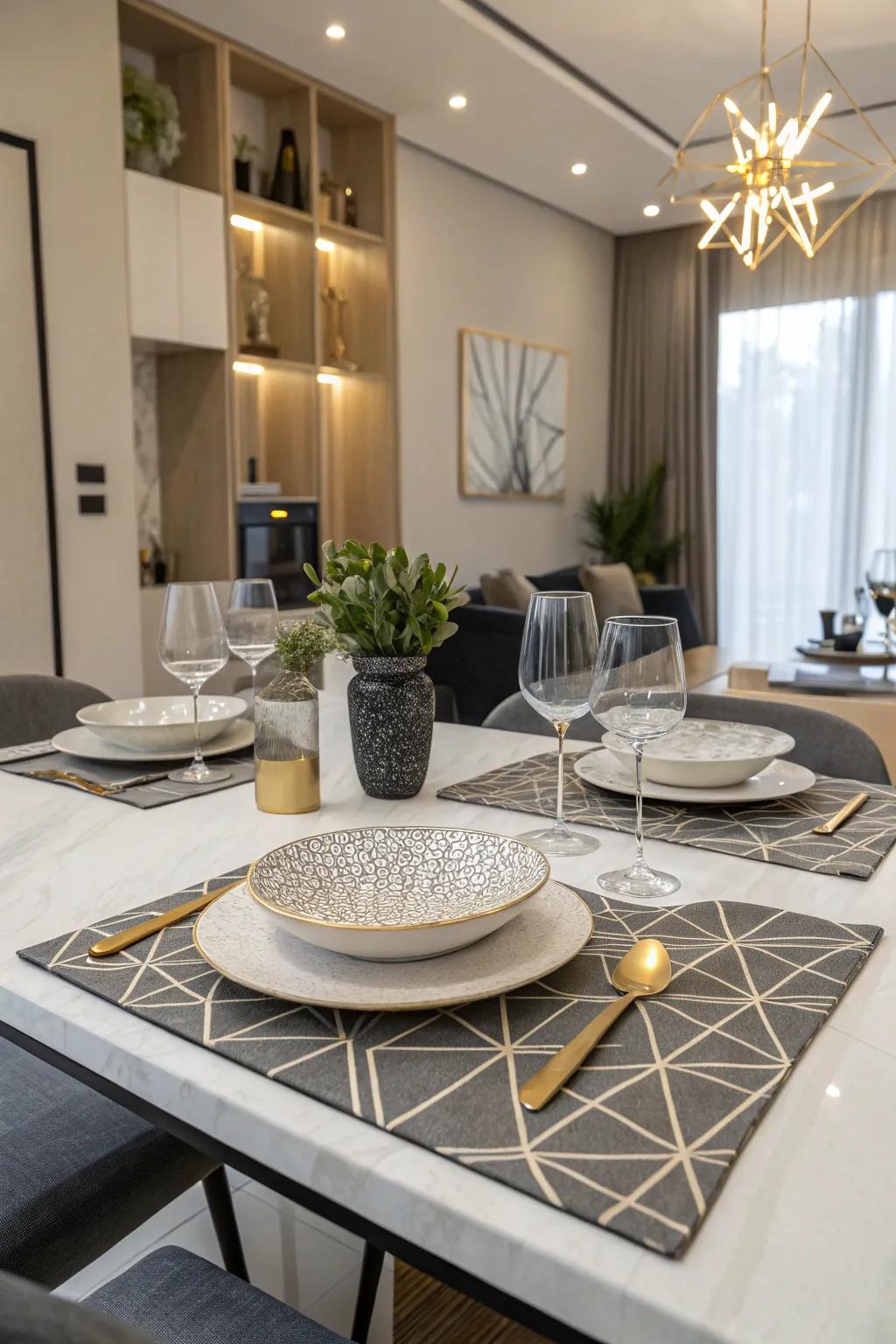 Geometric placemats provide a modern twist to your table decor.