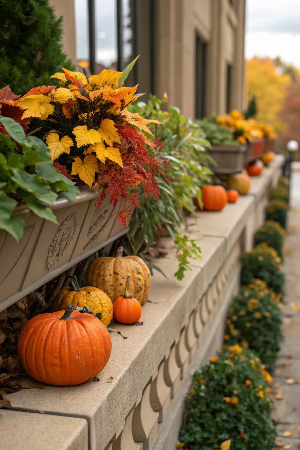 Seasonal elements like pumpkins offer a festive touch to this plant ledge.
