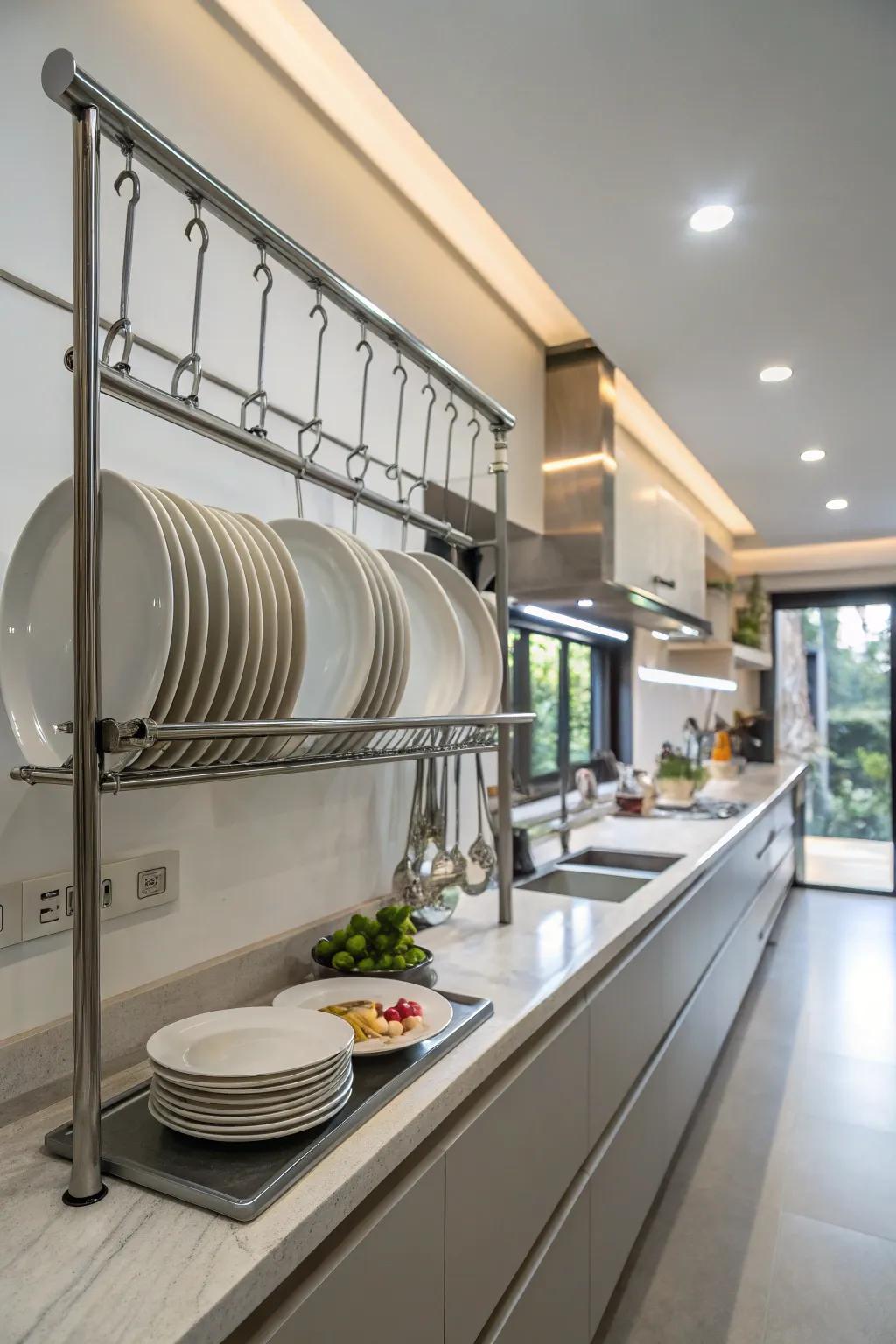 A modern kitchen featuring a sleek metal plate rail