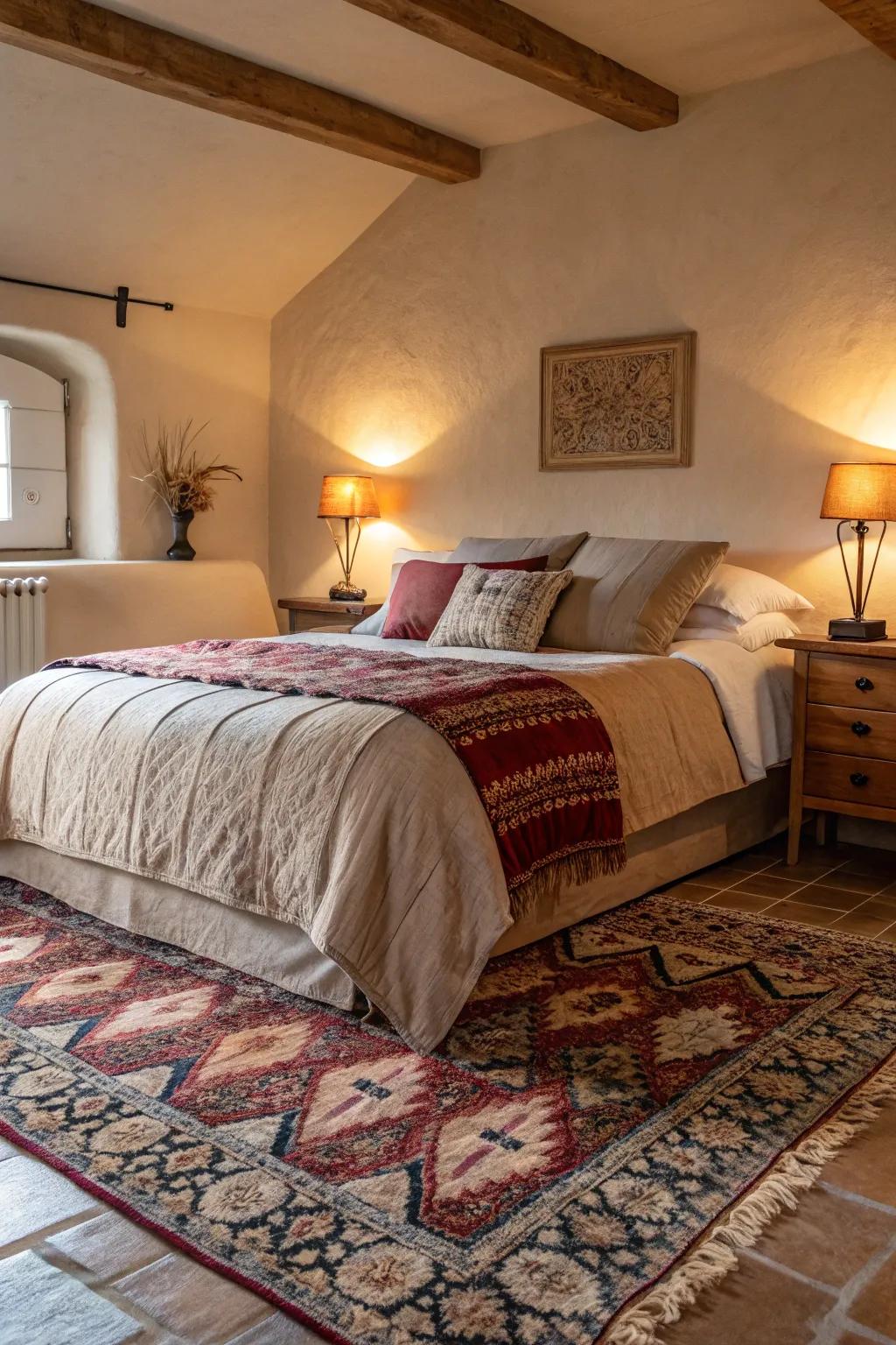 Plush rugs provide warmth and comfort in a bedroom.