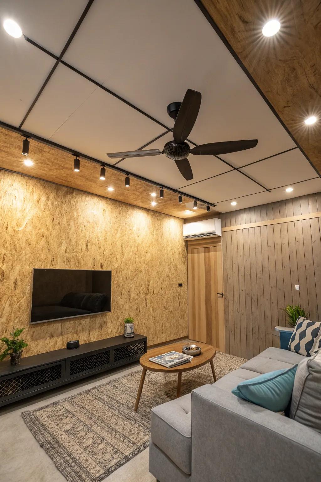 A contemporary ceiling design featuring a seamless combination of plywood and a fan.