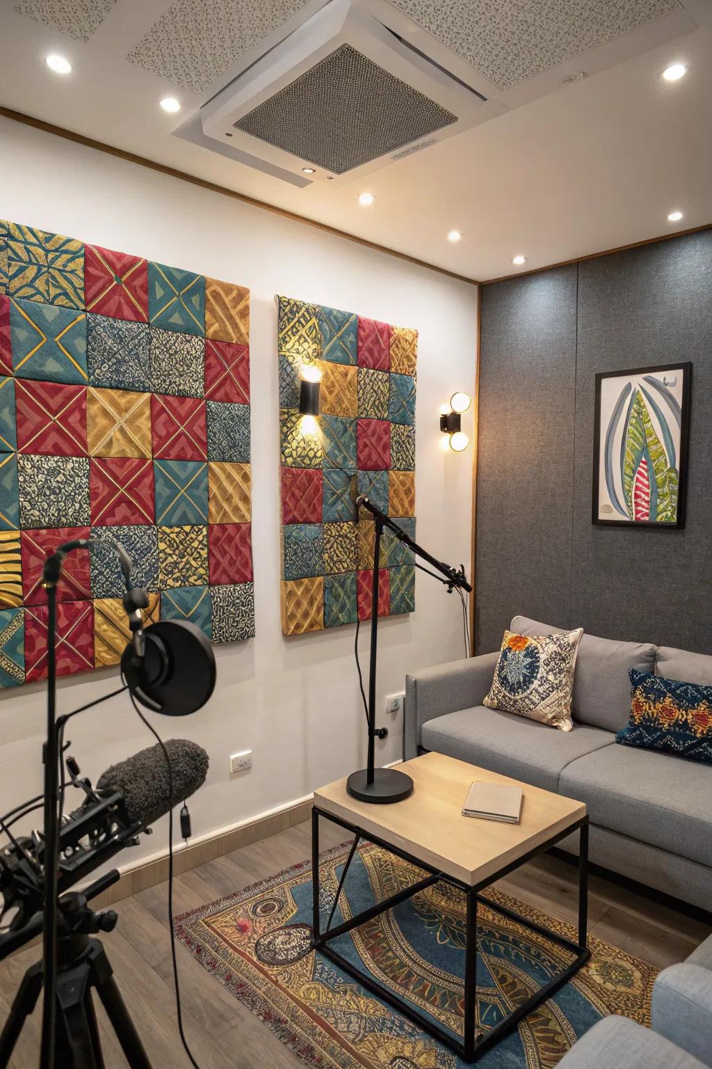 A podcast studio featuring ornamental sound boards.