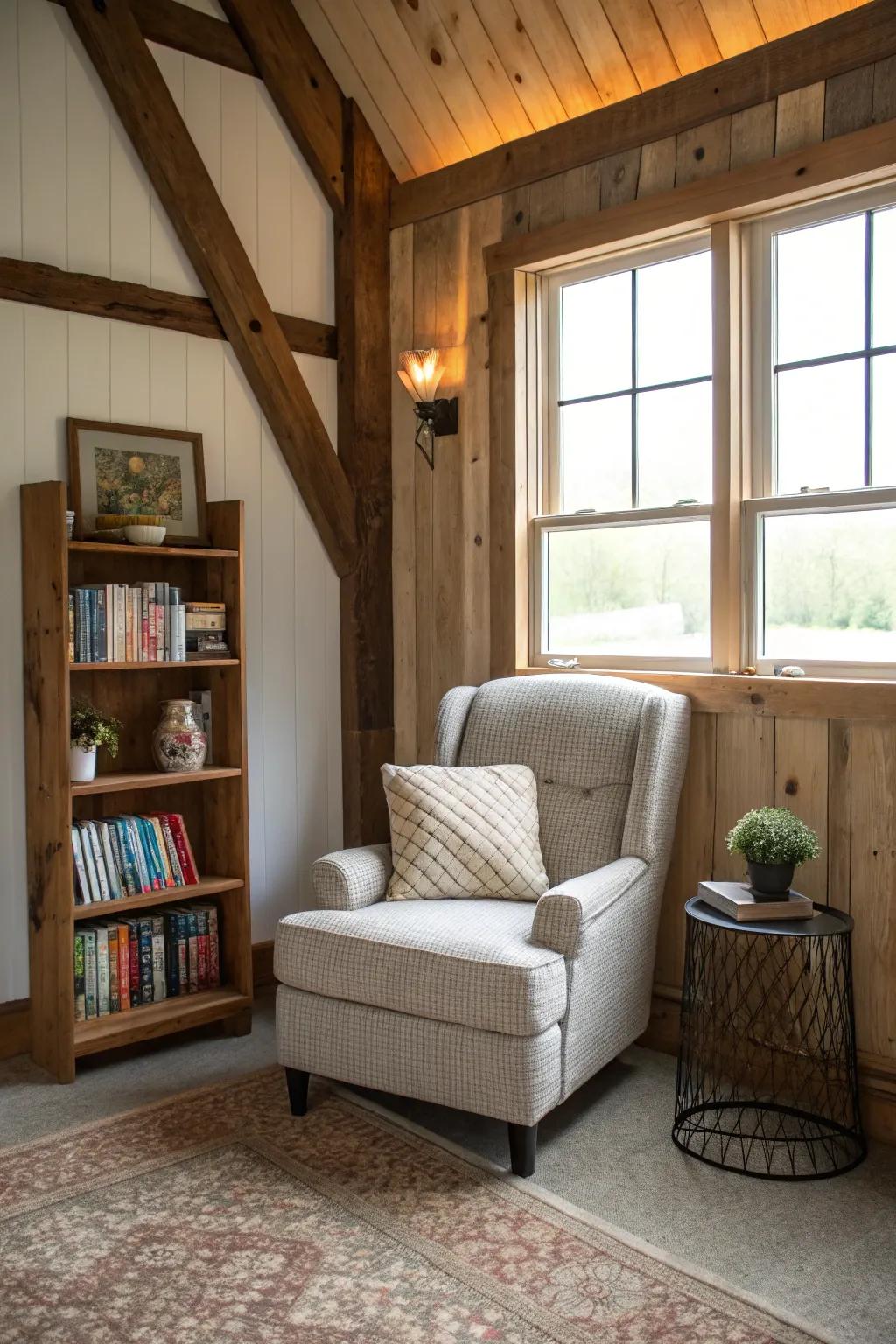 A serenity spot within a pole barn furnished with a snug chair and bookshelf.