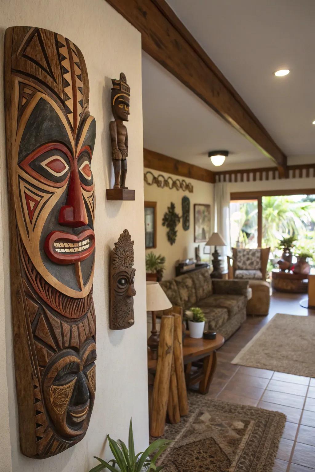 Cultural carvings and figures give authenticity.