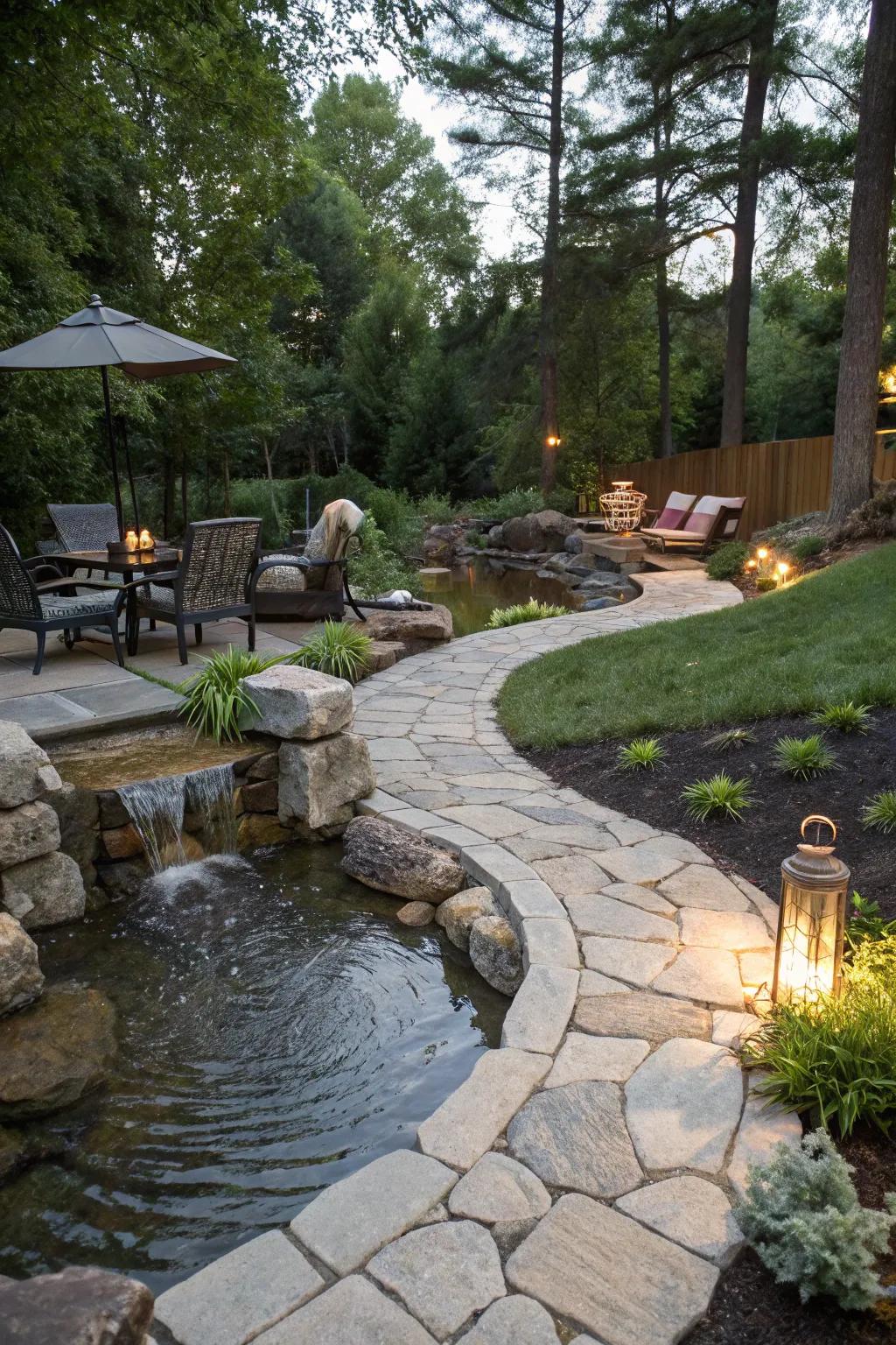 A walkway and relaxing zone beckon repose by your water course.