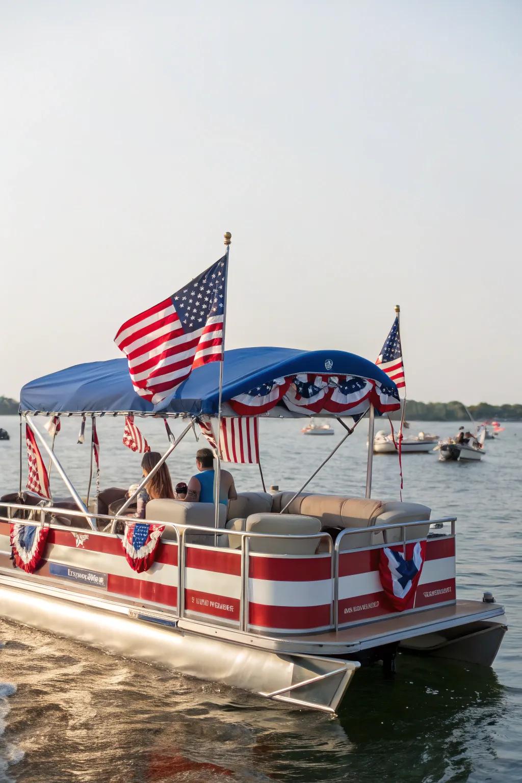 A patriotic pontoon adorned with flags and national colors.