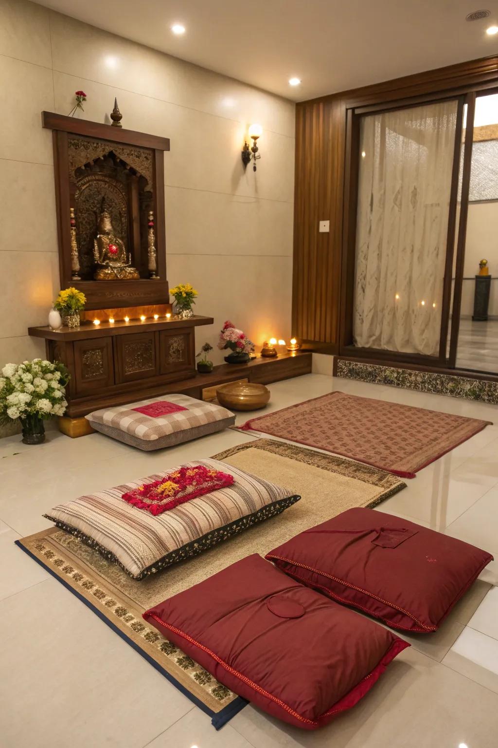 Comfortable floor seating adds a welcoming feel to this pooja room.