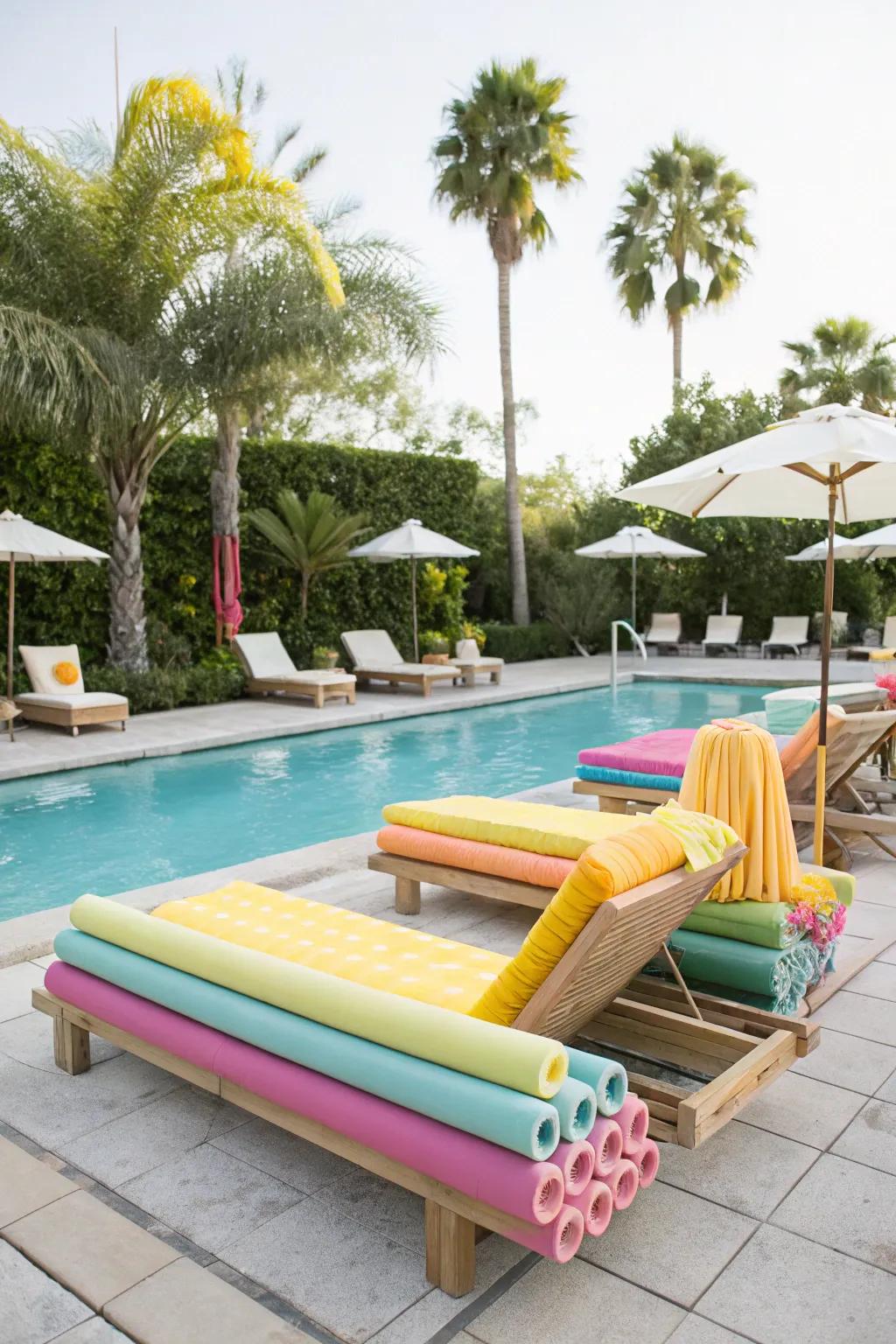 Pool noodle loungers offer extra seating with a playful spin.
