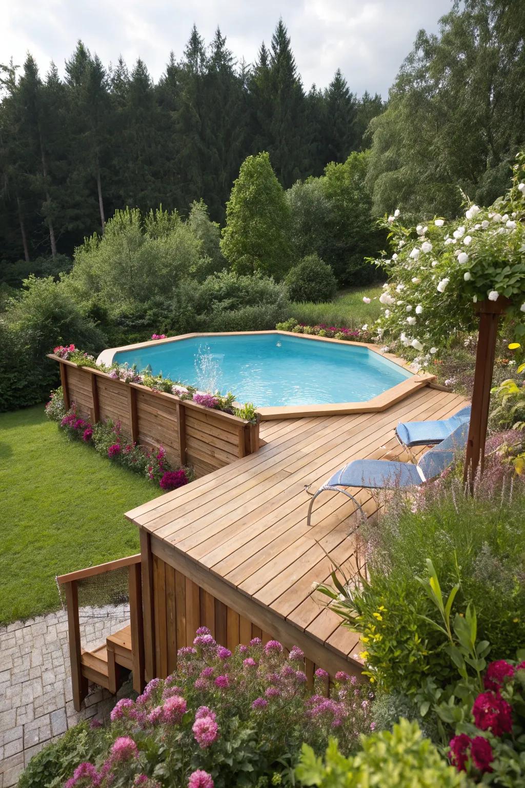 Enhance your pool moments with a fashionable deck for your raised pool.