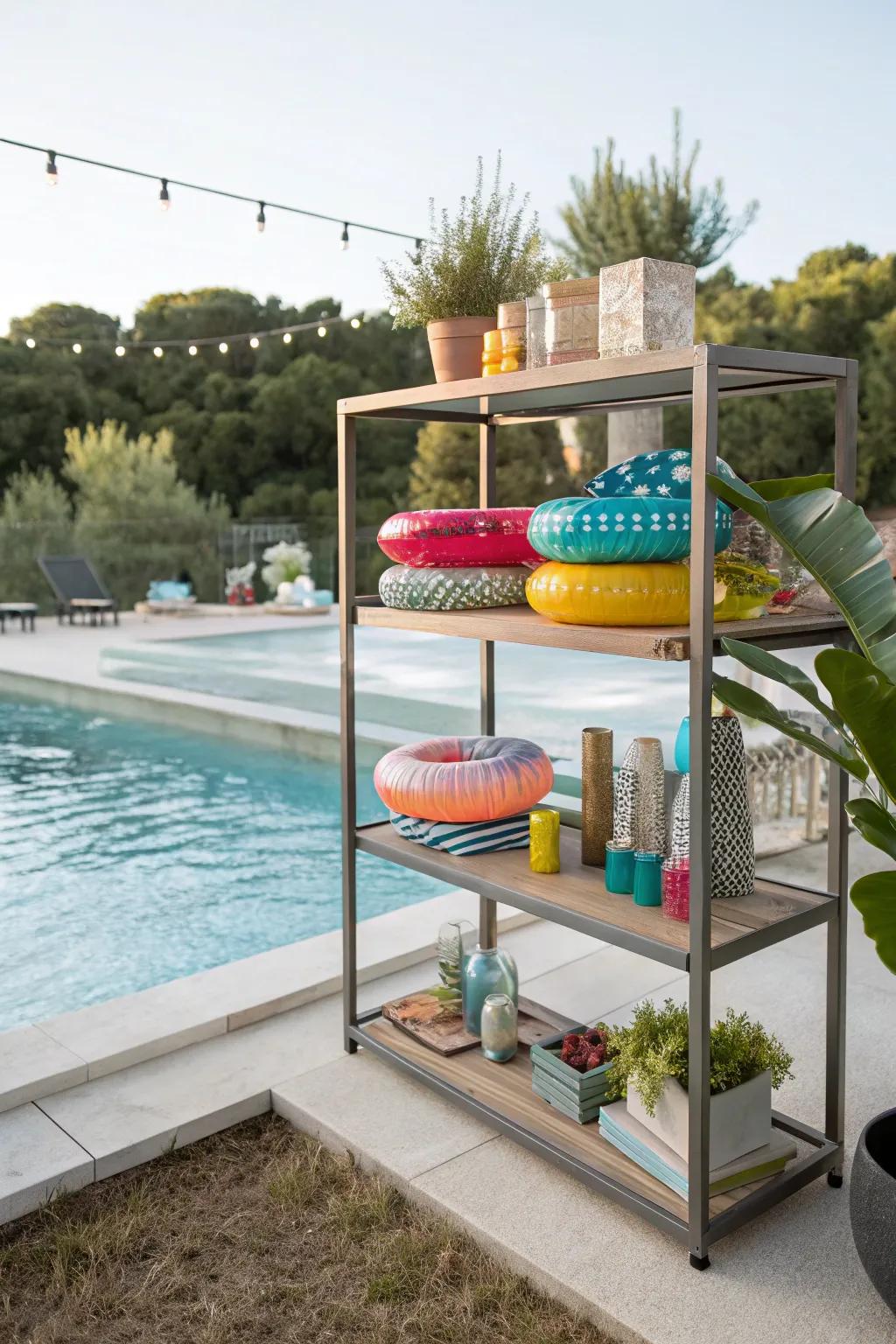 Shelves serving as both decorative and functional storage for pool floats.