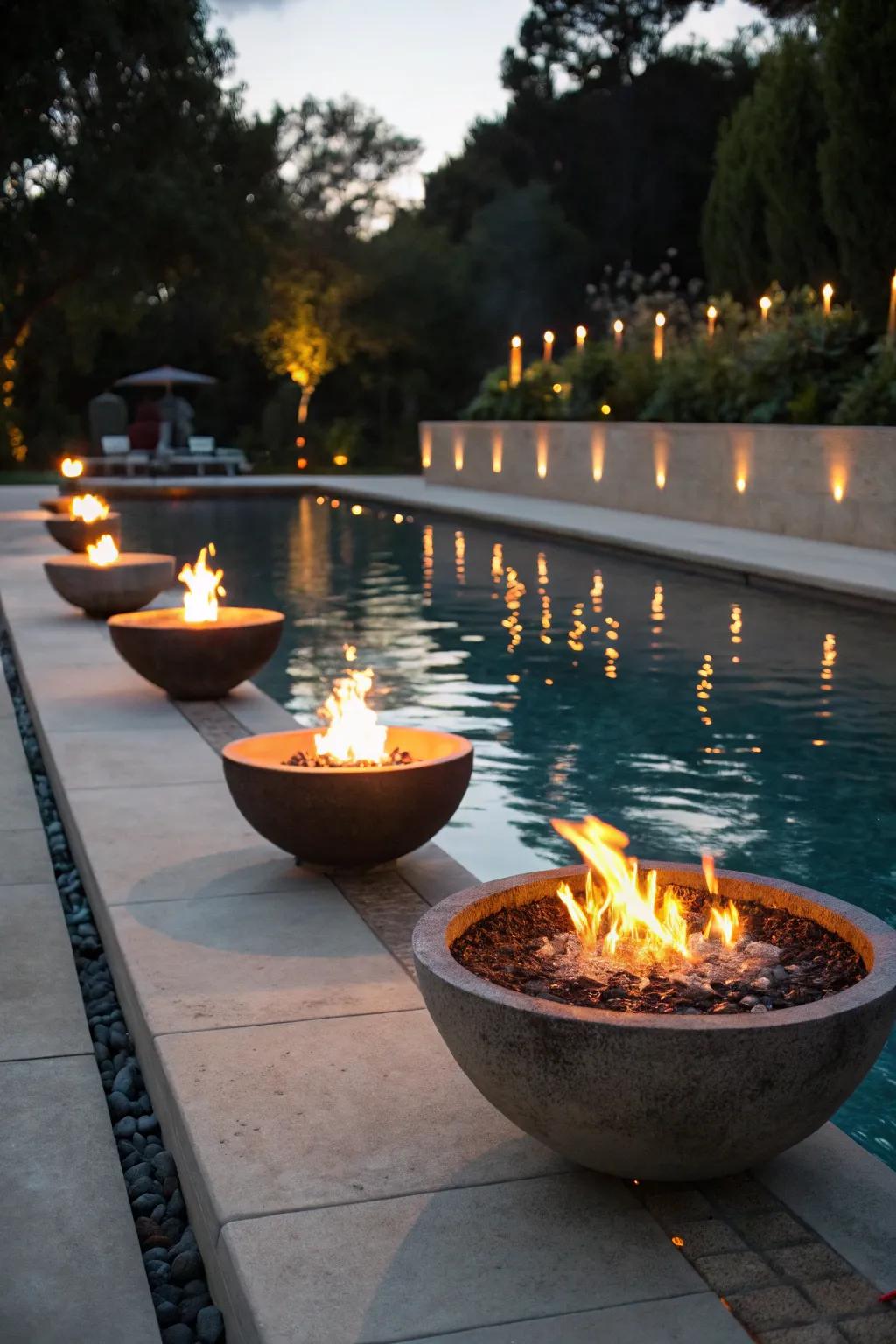 A pool with inviting fire bowls that generate a cozy, welcoming vibe.