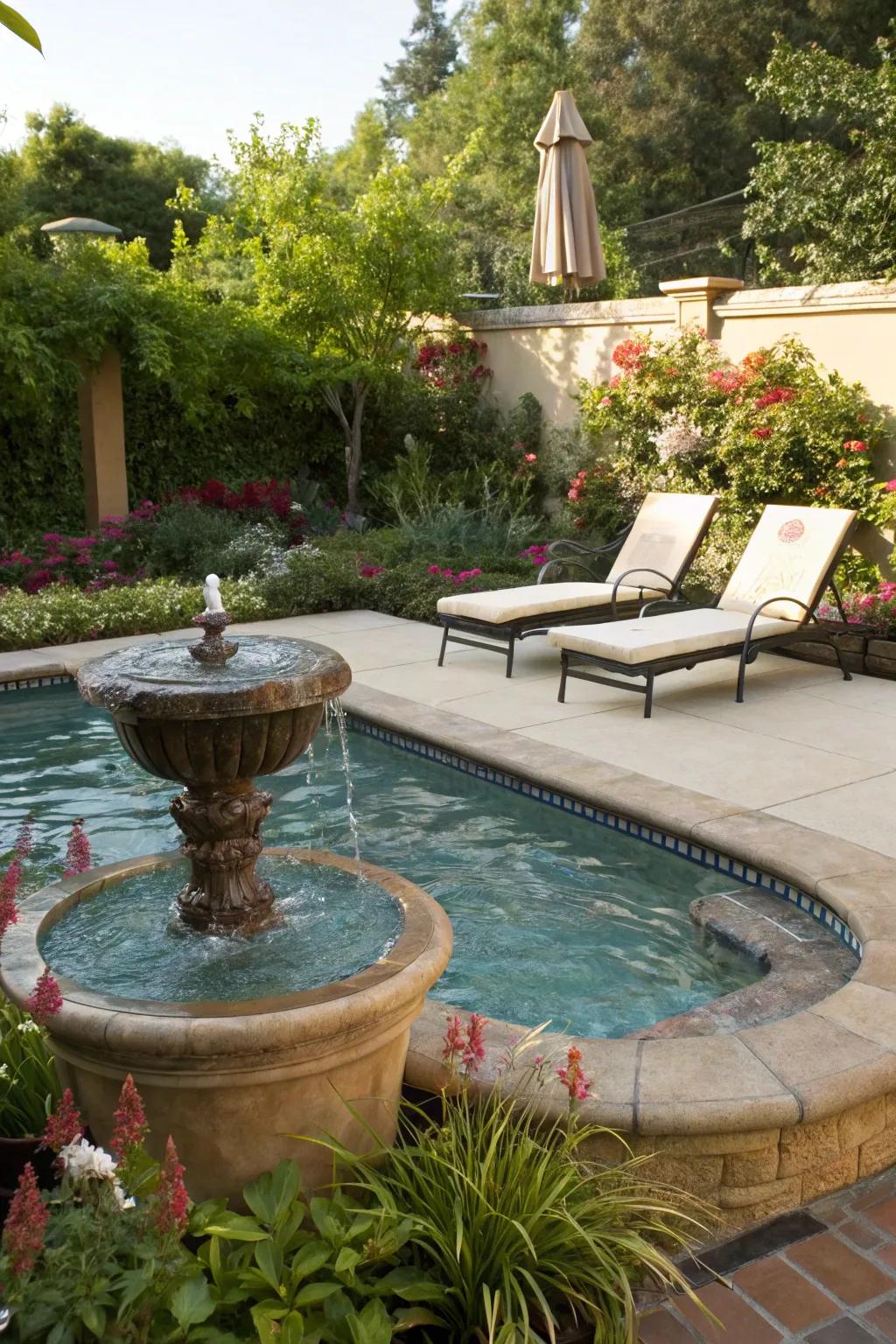 Introduce a peaceful element with a calming water feature.