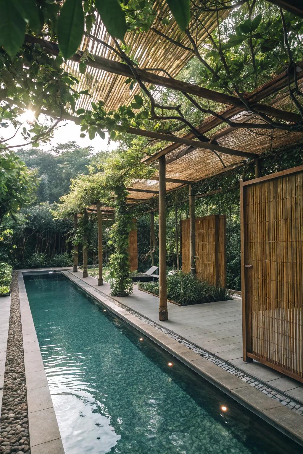 Natural touches bring peace and shade to poolside areas.