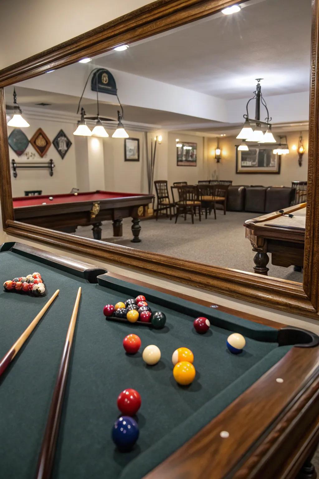 Mirrors contribute depth and light, making the smaller billiard table room feel more expansive.