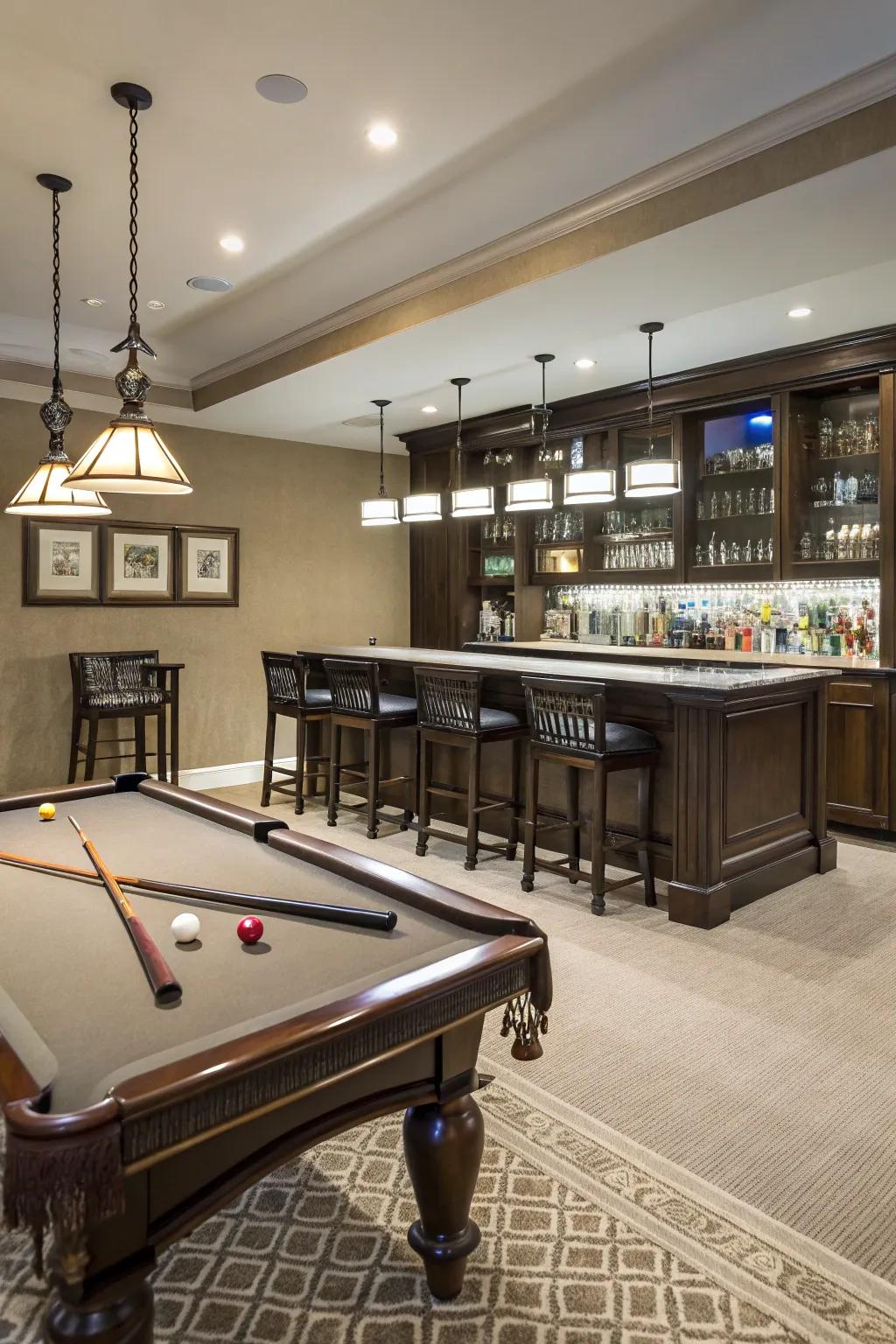 A bar area can make your pool table room even better for hanging out.