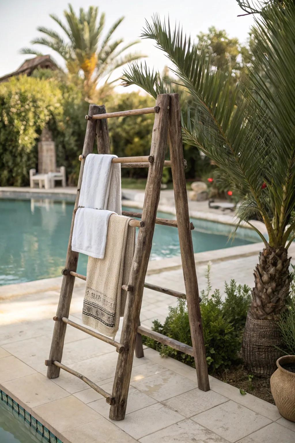 Rustic wooden rack adding charm to the poolside.