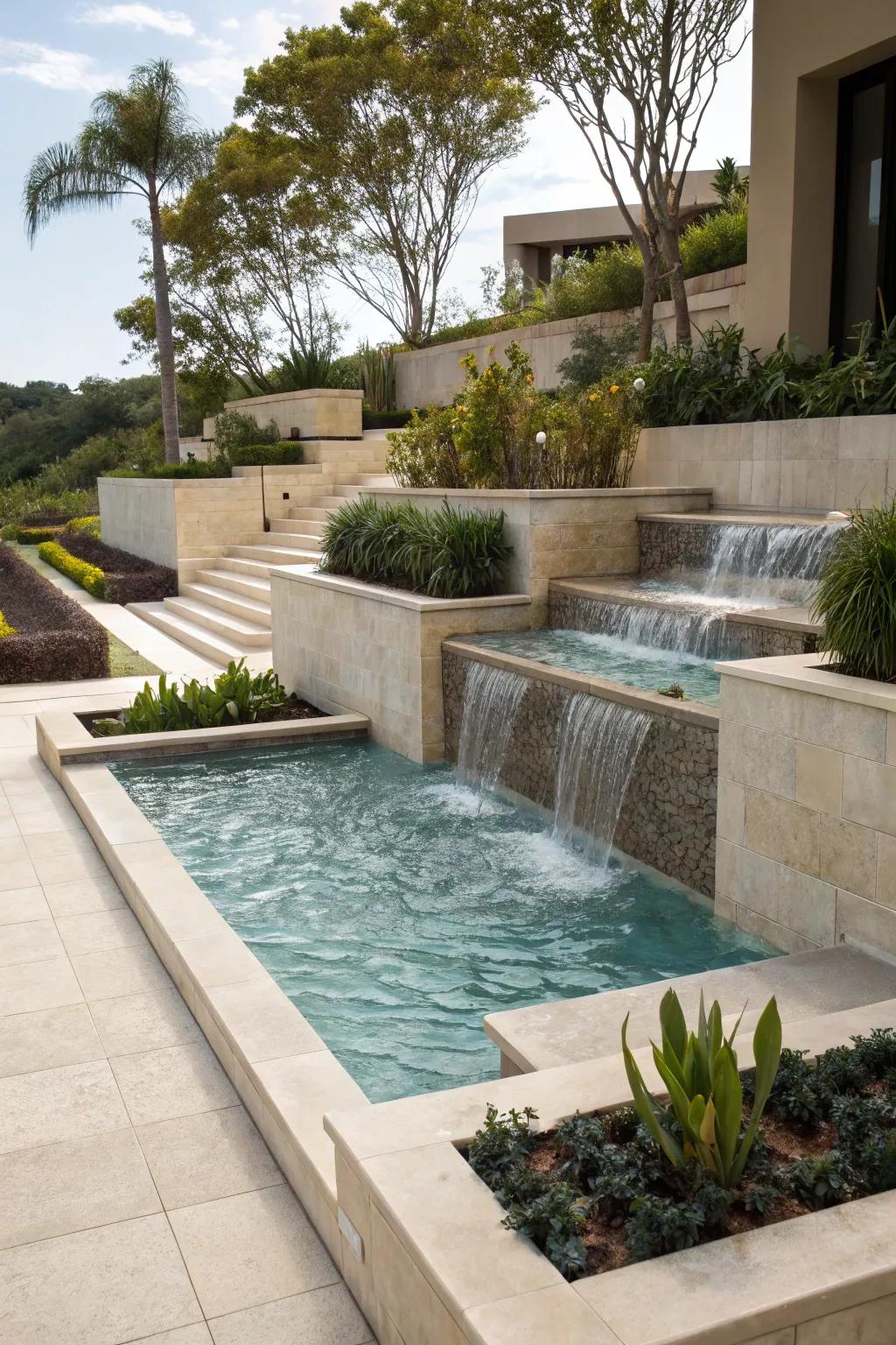 Multi-tiered pools offer dynamic design and visual interest.