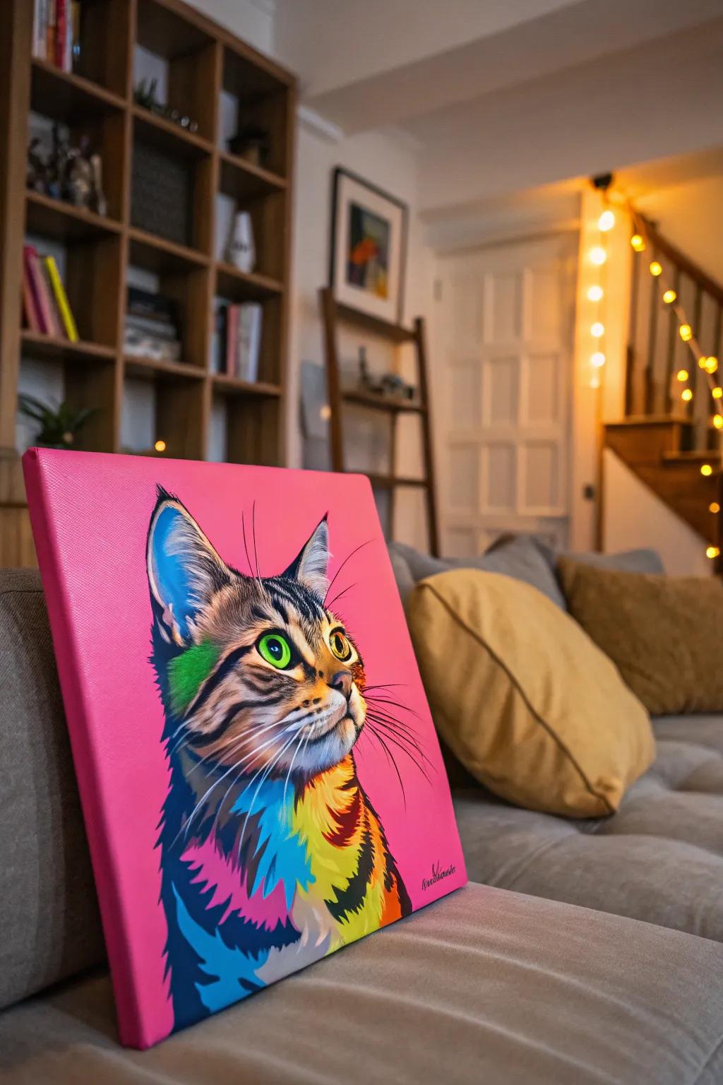 A playful pop art painting of a cat with a bright background.