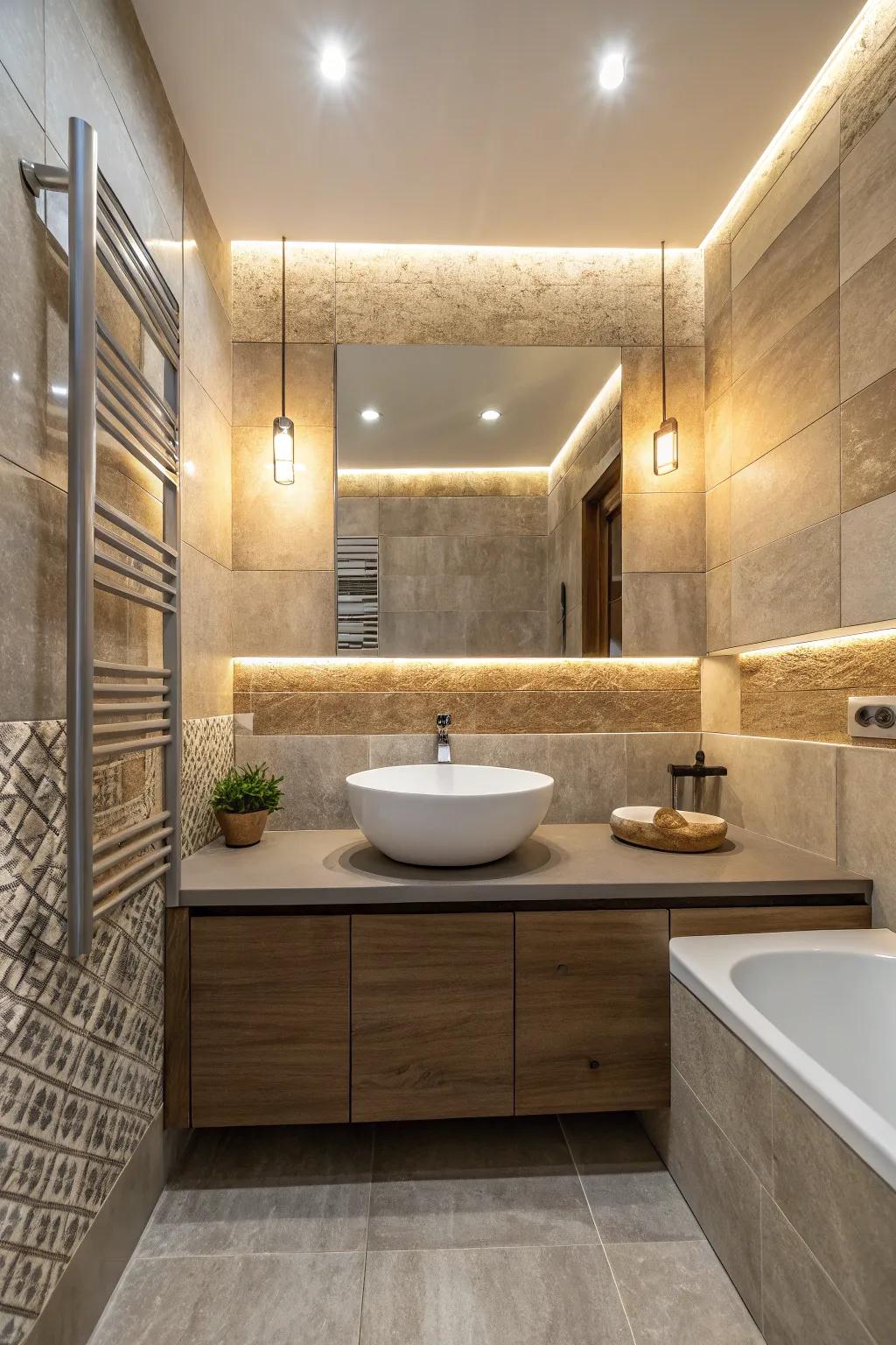 A mix of textures enriches this contemporary bathroom with depth and refinement.