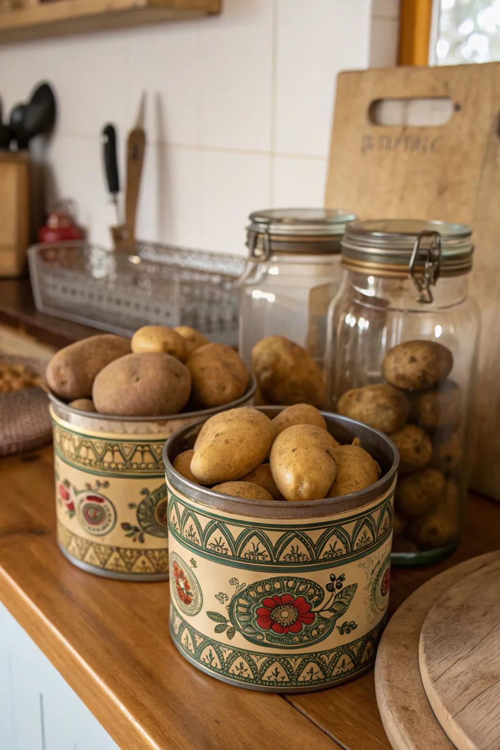 Assorted containers provide a vintage atmosphere to potato storage.