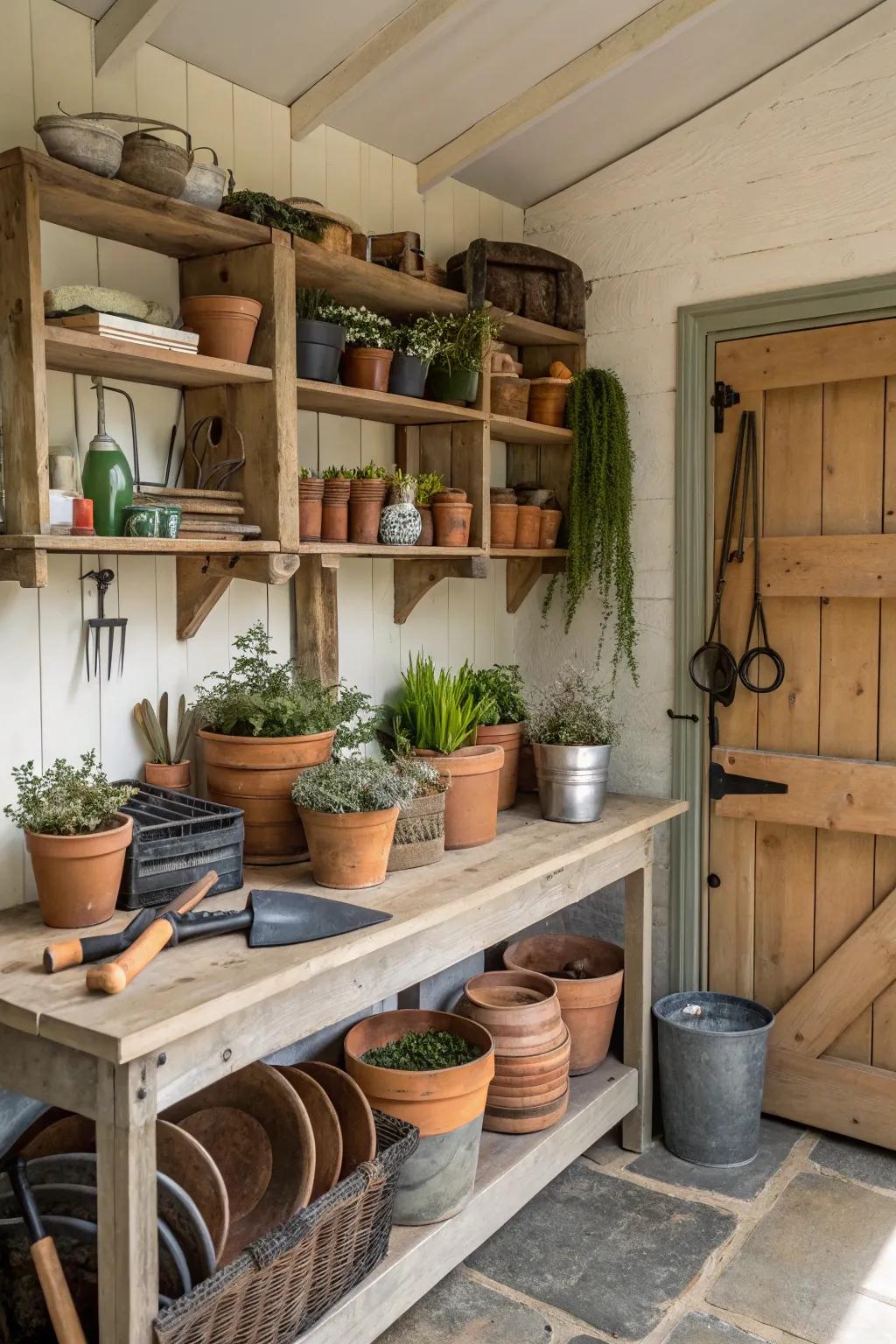 A functional workspace in the potting shed for gardening tasks.