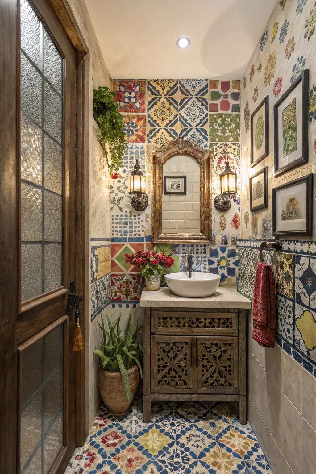Mixing tiling styles and colors adds a playful aspect to your powder room.