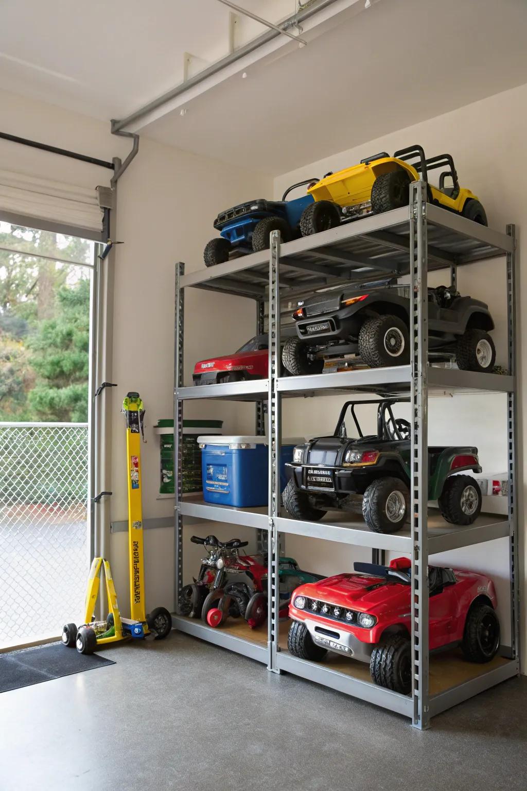 Tiered racks maximizing vertical storage for electric ride-ons.
