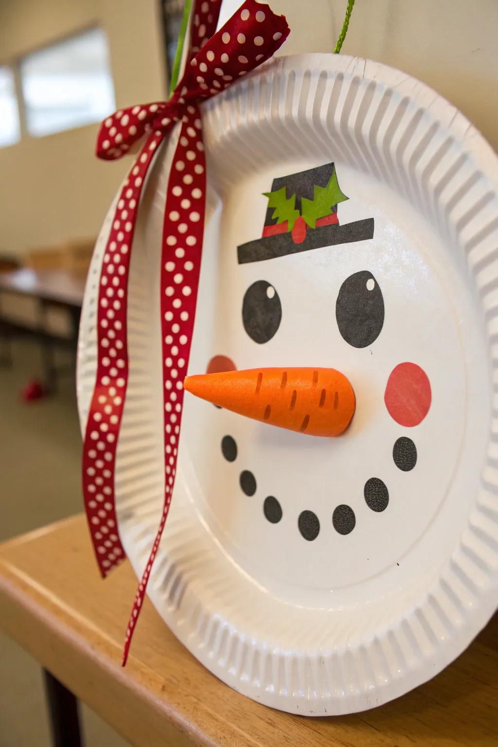 A whimsical paper plate snowman ornament, perfect for bringing smiles to everyone.