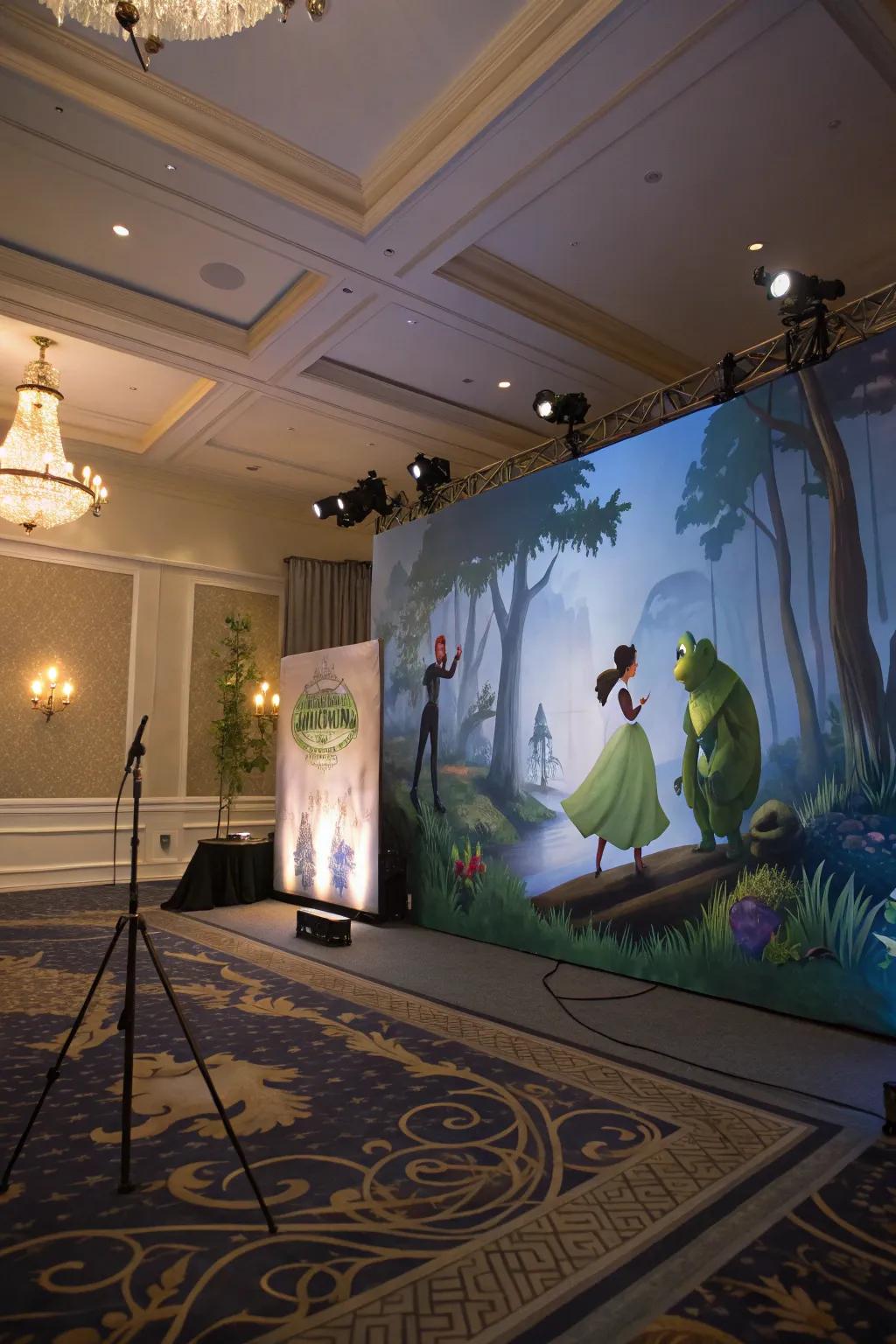 A theatrical backdrop brings the story to life.