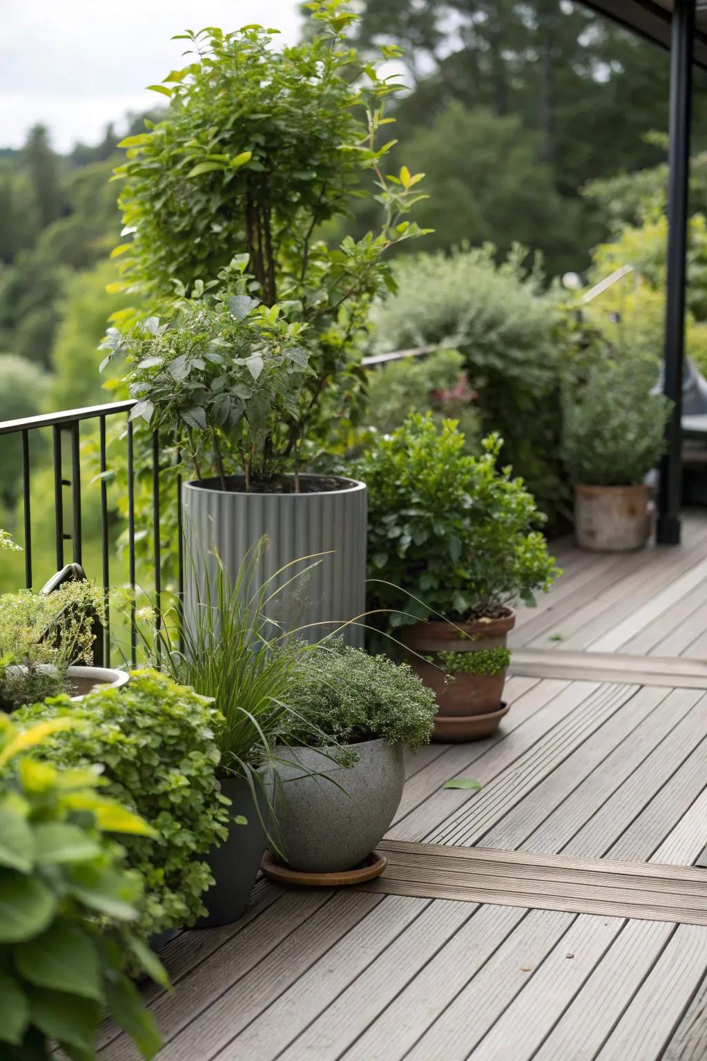 Strategically situated potted flora fashion a secluded deck alcove.