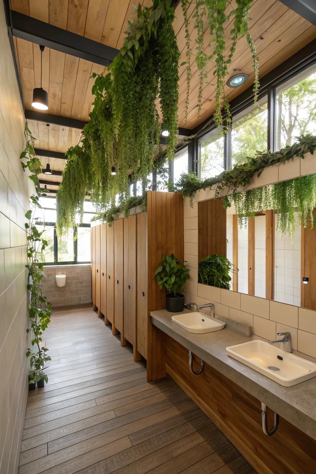 Organic accents add a refreshing and calming touch to shared restrooms.