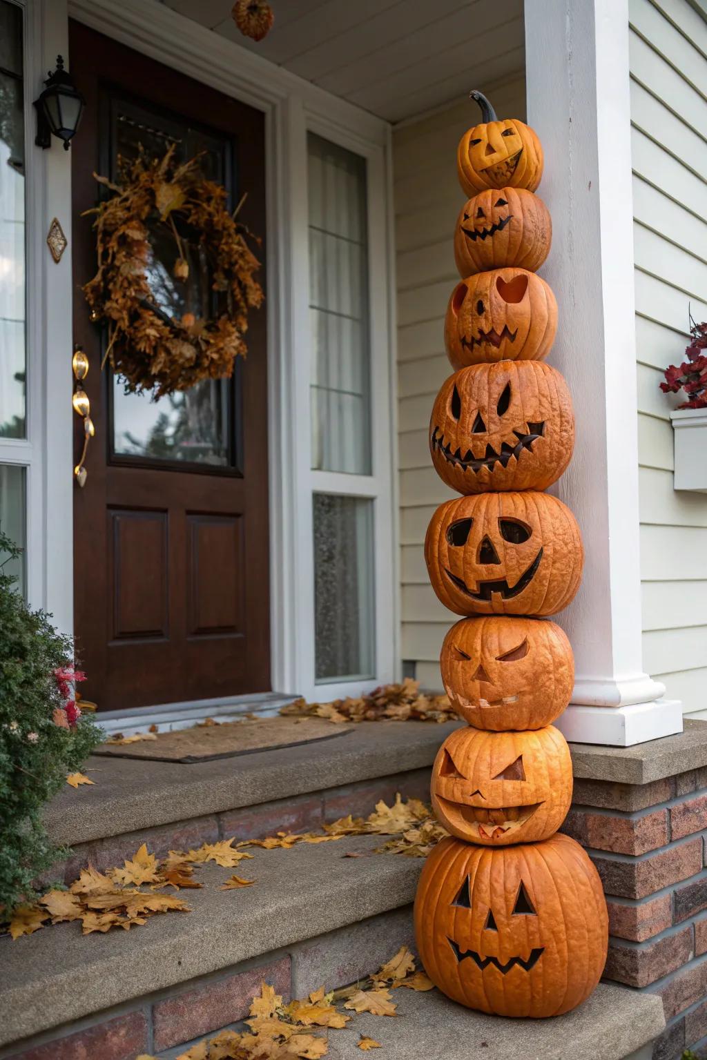 Piled pumpkin totem for a vibrant entry.