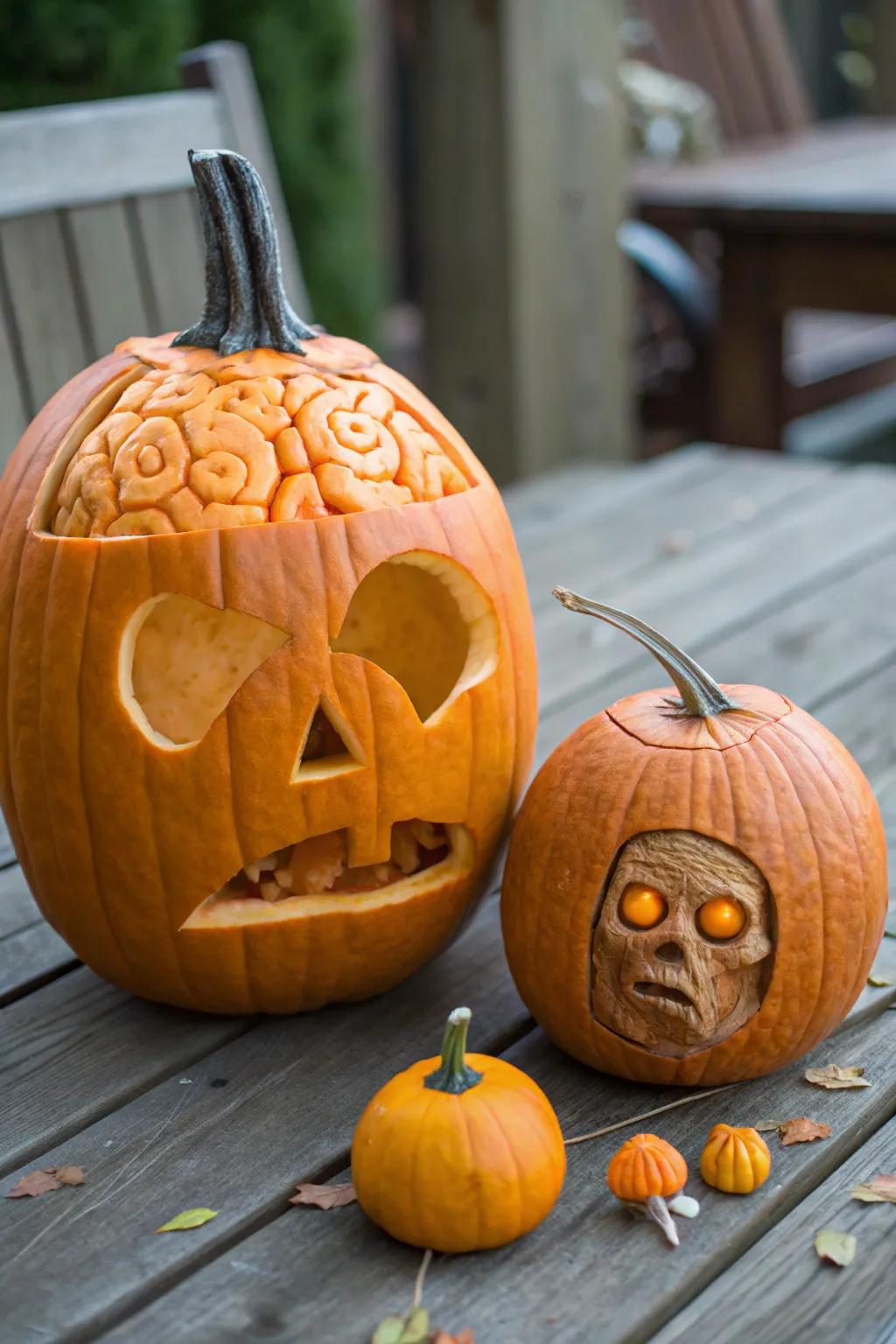 A humorous 'gourd with innards' for a playful Halloween ornament.