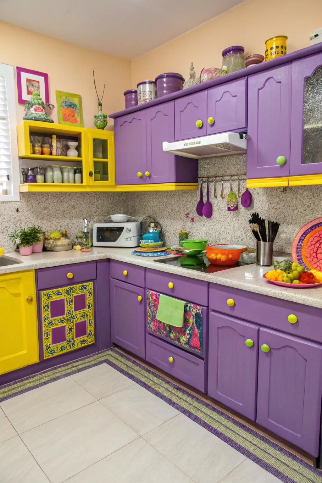 An unusual kitchen showcasing purple cabinets and colorful accents.