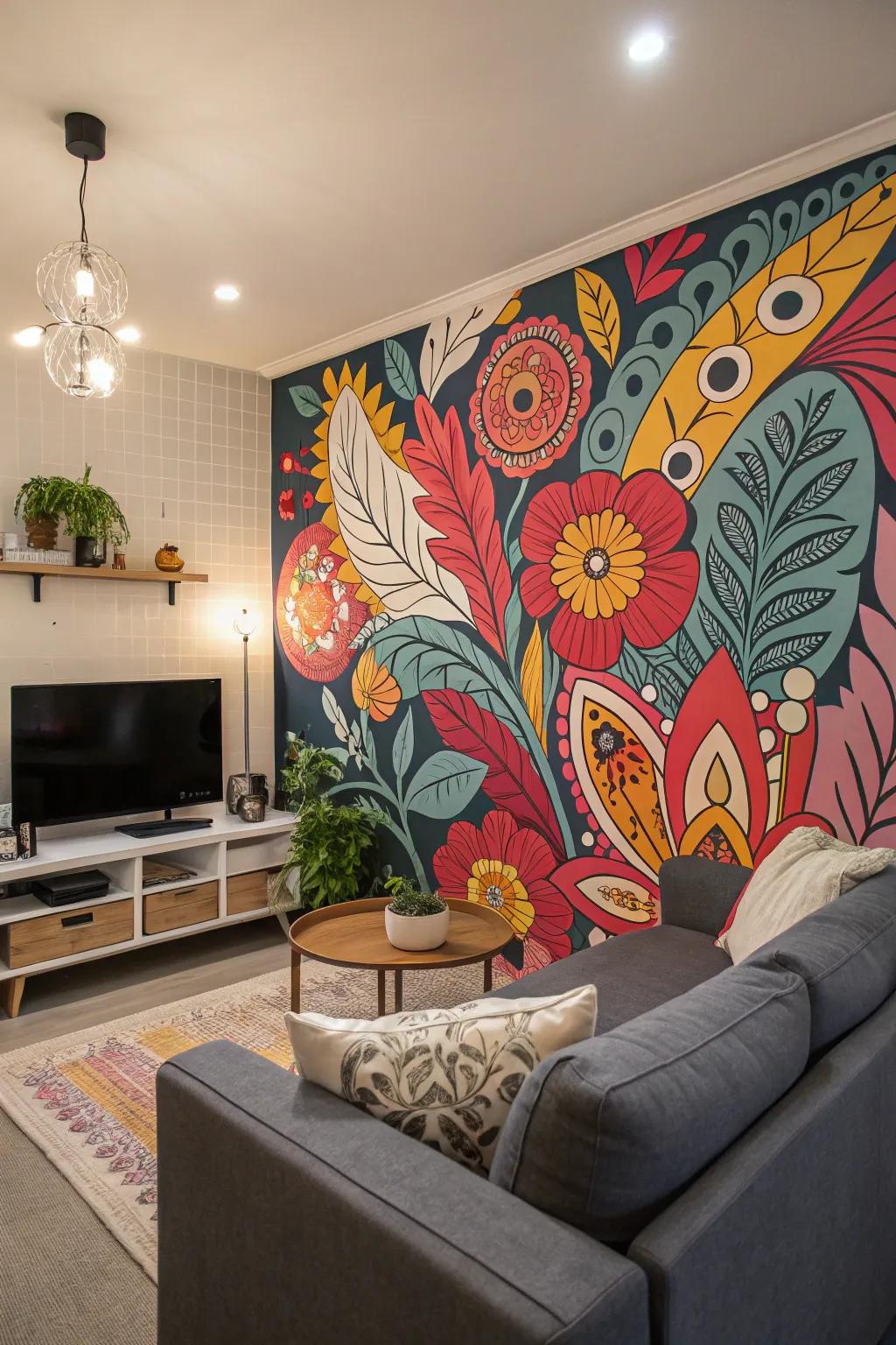 A striking and unique wall painting as a room centerpiece.